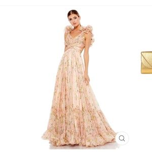 Max Duggal Floral Chiffon Ruffle Tiered Gown / Long Dress with Train